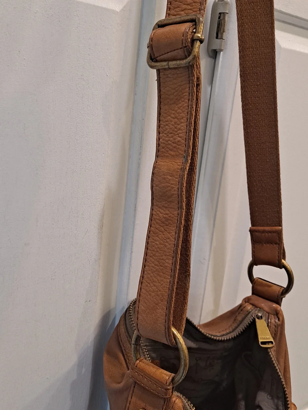 Fossil Cognac Brown Cowhide Lambhide Leather Satchel Front Buckle Flap Brass